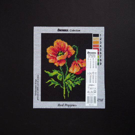 Needlepoint canvas featuring a vibrant Red Poppies design, perfect for halfstitch techniques, measuring 18x24 cm.